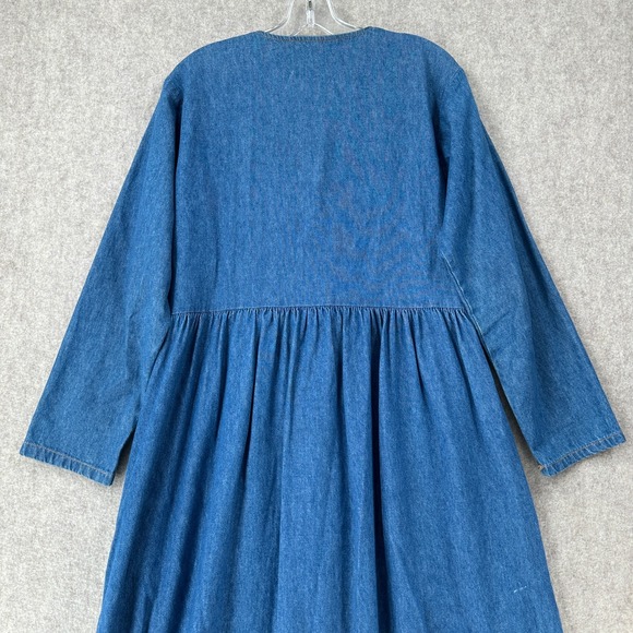 VTG Womens Studded Maxi Denim Dress Sz‎ LARGE Heart Buttons Long Sleeve V-Neck - Picture 4 of 11